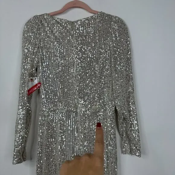 FLAWED - Mac Duggal Sequin Wrap Evening Gown Silver 8 #8490 - Picture 8 of 13